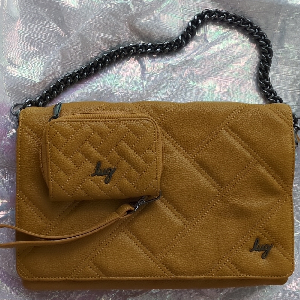 Lug Mustard Quilted Bag with Gunmetal Chain Strap And RFID Card Purse NWOT